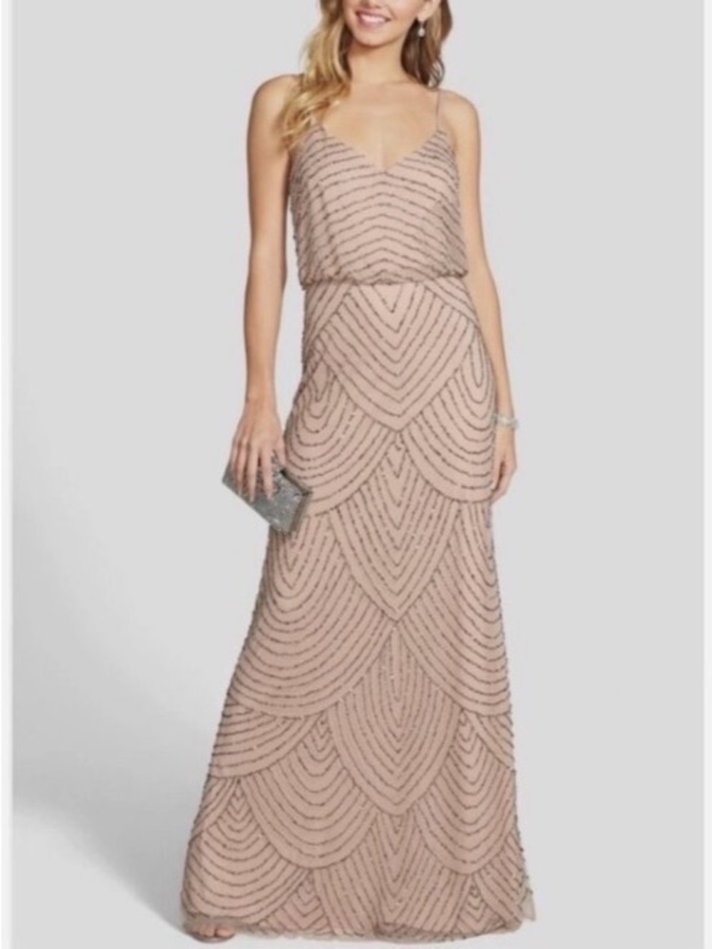 Adrianna Papell Champagne Gold Beaded Art Deco Blouson Gown Wedding Sz 16 NWT - Picture 7 of 16